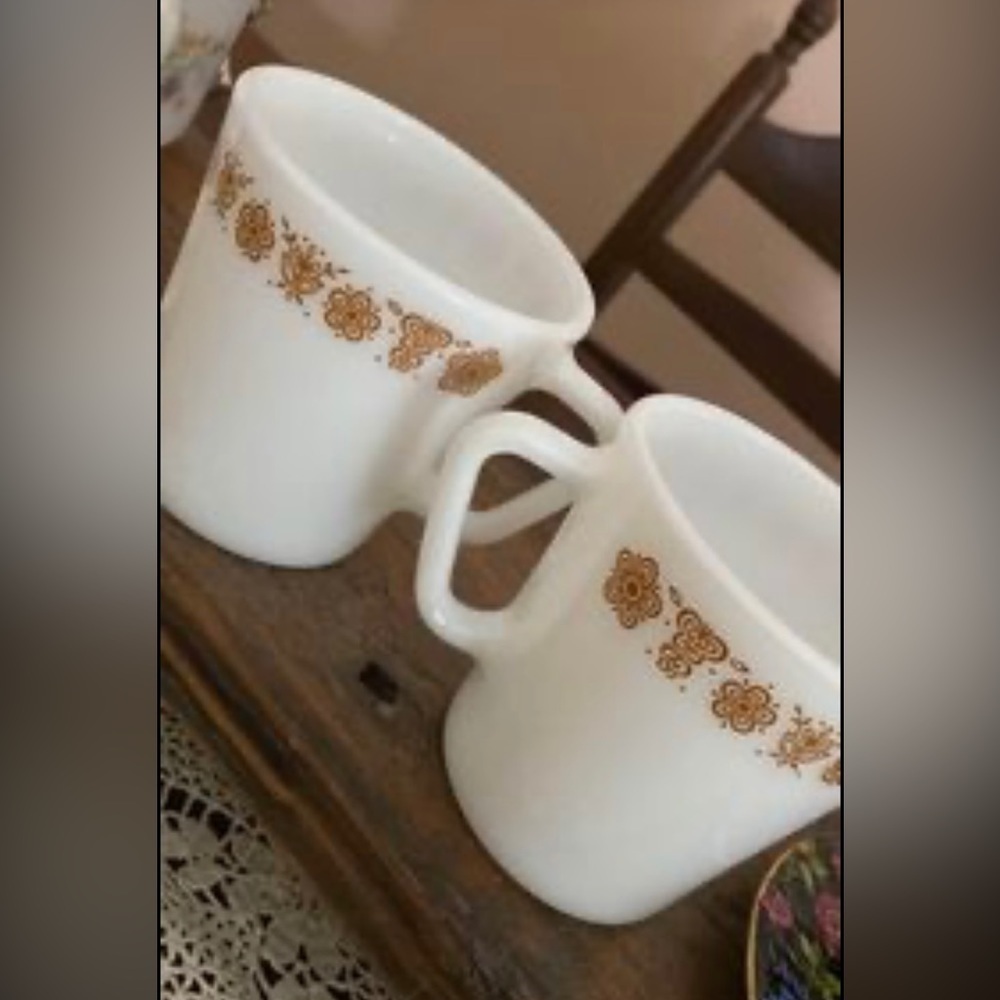 Vintage Pyrex Butterfly Gold Milk Glass Mugs Set of 2 D-Handle 1410 1970s Retro